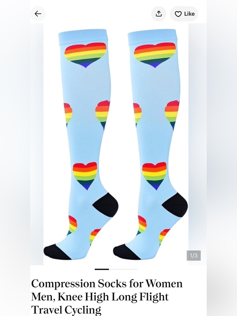 Blue Heart Pattern women’s compression Socks - Rainbow Hearts. New! Size L/XL